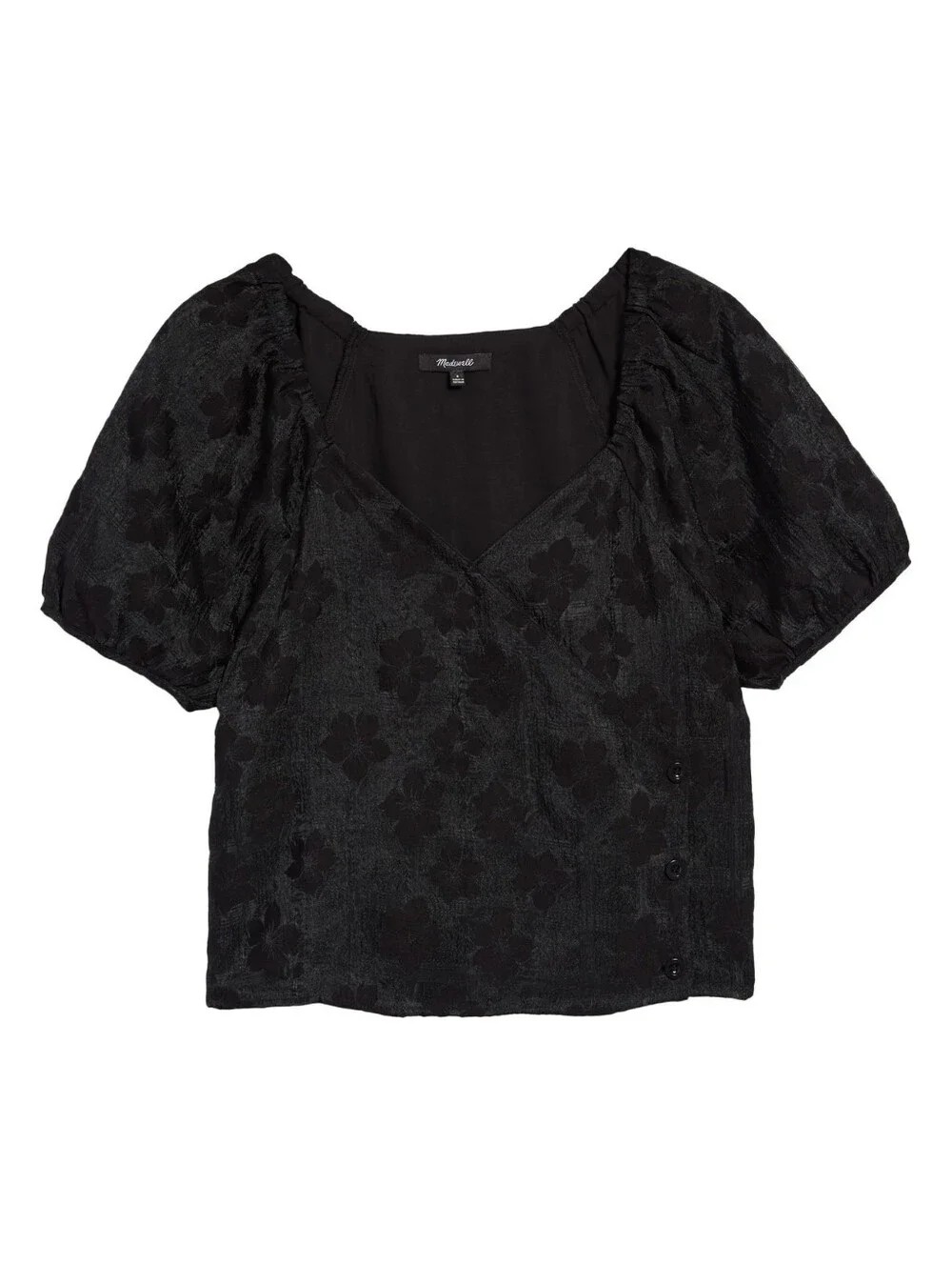 Madewell Floral Jacquard Puff Sleeve Wrap Top in True Black at Nordstrom, Size M